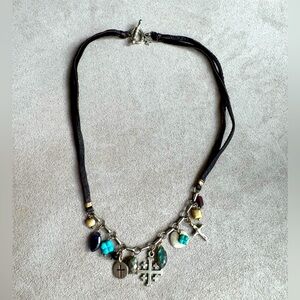 Silver Charm Necklace with Dark Brown Leather Cord